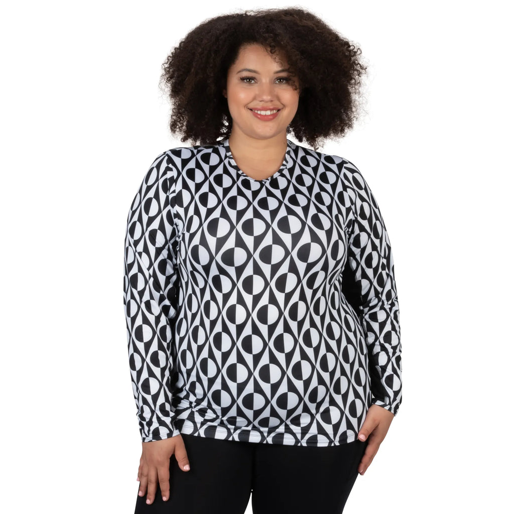 Nancy Lopez  Aspiration Long Sleeve Plus (Upf 50+) Black/White (Deco Print)