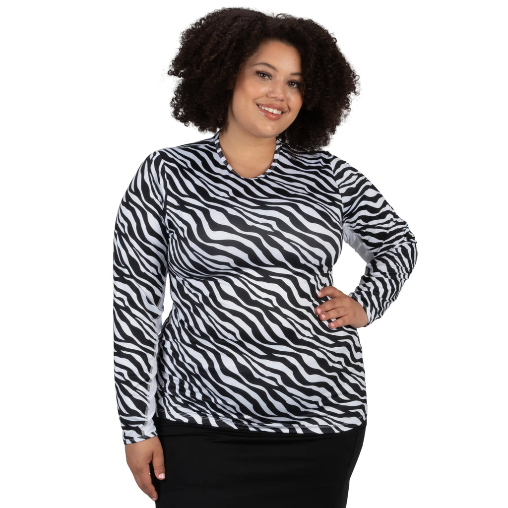 Nancy Lopez  Aspiration Long Sleeve Plus (Upf 50+) Black/White (Roar Print)