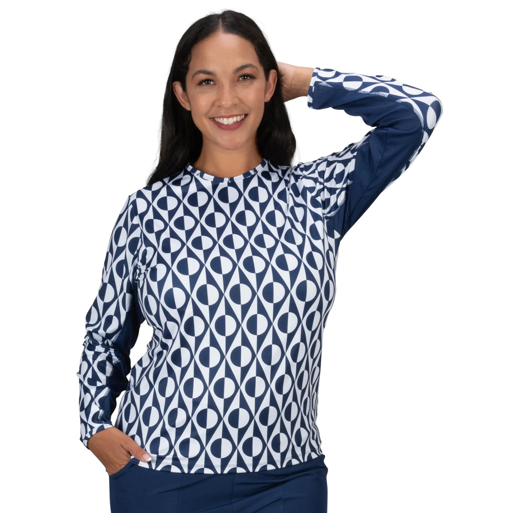 Nancy Lopez  Aspiration Long Sleeve Plus (Upf 50+) Navy/White (Deco Print)